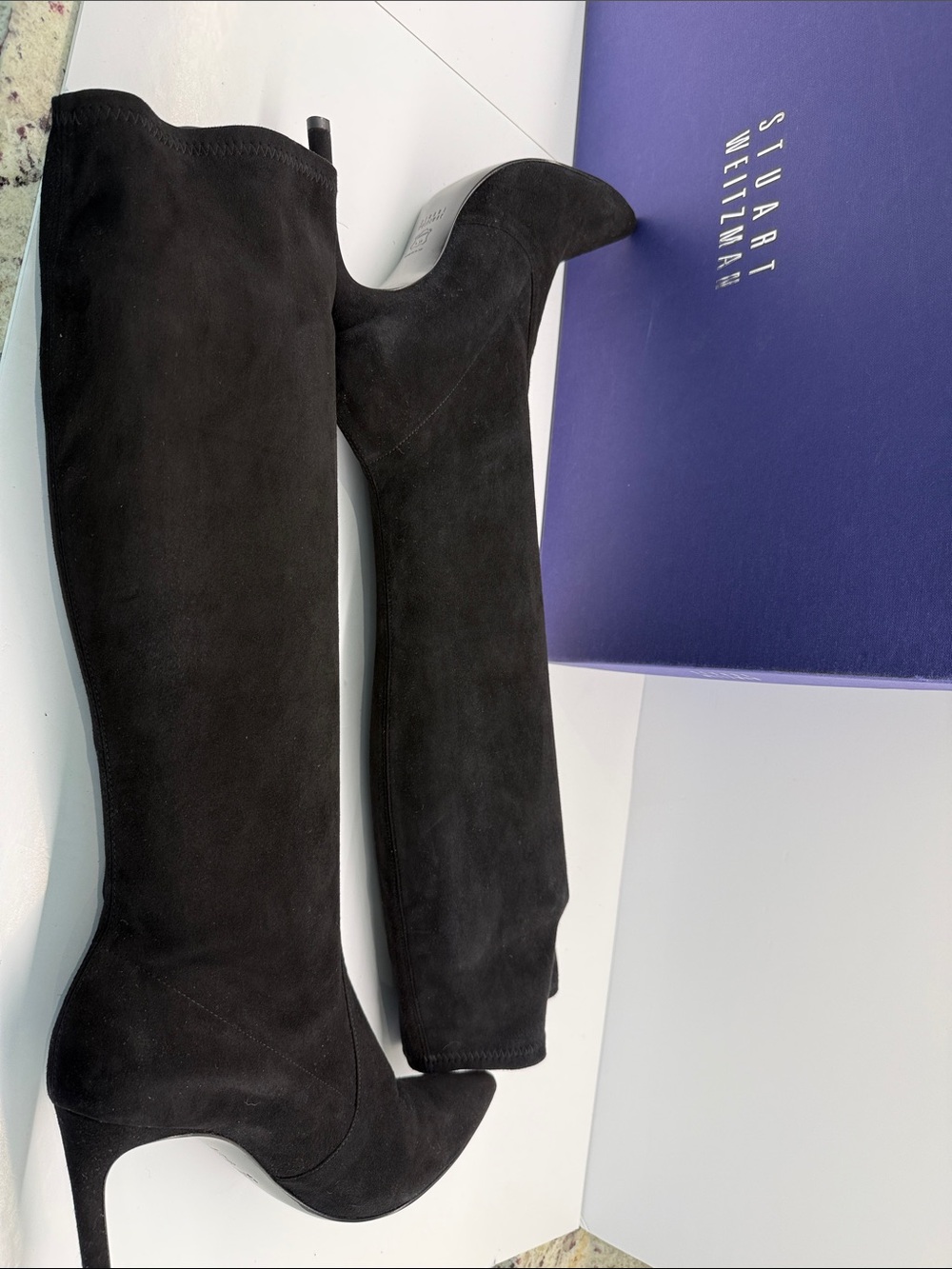 Stuart Weitzman Tall Black Suede Over-the-Knee Pointed-Toe Boots - Picture 2 of 8